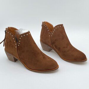 Women Comfort Slip on Chunky Stacked Mid Heel Ankle Booties Suede Cowboy Boots